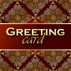Greeting card on ethnic  pattern  . Congratulations or invitation to gentle seamless background from complex elements . Tribal Oriental motifs. Luxury