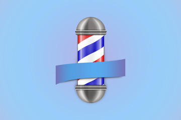 Barbershop pole on a blue background. Copy space. Barbershop concept. Beauty. Fashion.