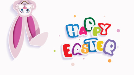 Happy Easter greeting card with text and topsy-turvy Easter Bunny isolated on a light background