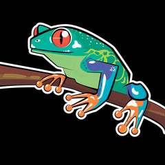 Green toad sitting on a branch. Black background. vector illustration