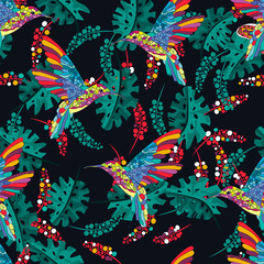 Vector floral ethnic seamless pattern in doodle style. Multicolor drawing of hummingbird, flowers and leaves. Gentle, spring, summer floral background. 