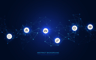 Technical abstract background with connecting dots and lines. Digital technology and communication concept with flat icons.