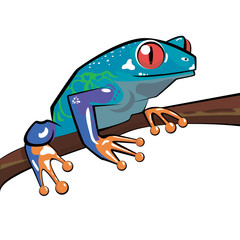 funny blue frog is sitting on a branch. white isolated background. vector image