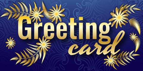 Horizontal Greeting Card Template. Congratulation or invitation.  Decorated with gold flowers and leaves and mandala. 