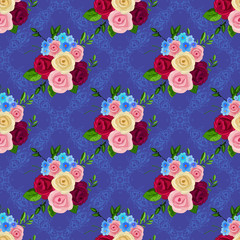 Seamless texture. Multicolor pattern of bouquets and lace strips. For textile or wallpaper. 