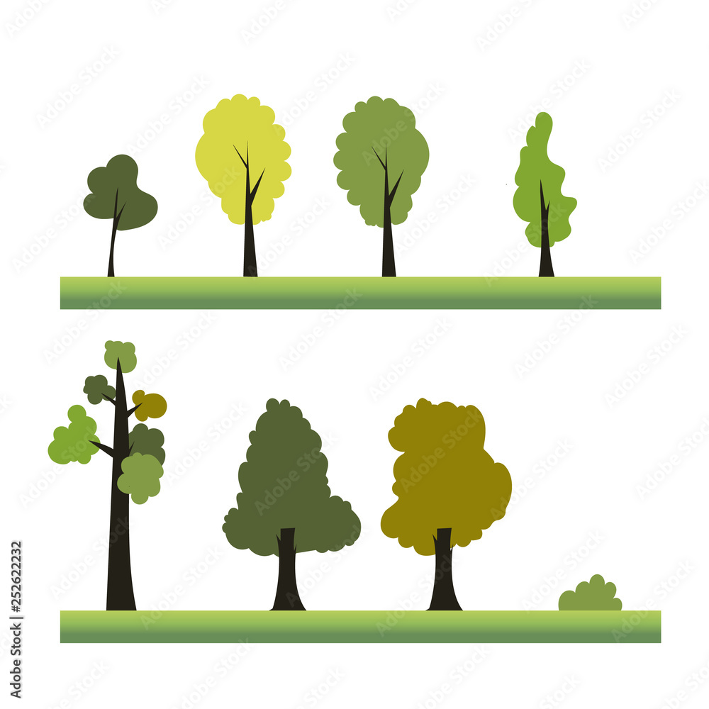 Poster flat treea design element illustration set vector.plant set on grass.nature scene landscape with tre