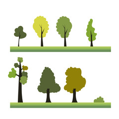 Flat treea design element illustration set vector.Plant set on grass.Nature scene landscape with tree