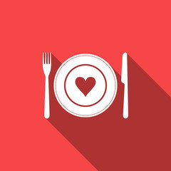 Heart on plate, fork and knife icon isolated with long shadow. Happy Valentine's day. Flat design. Vector Illustration