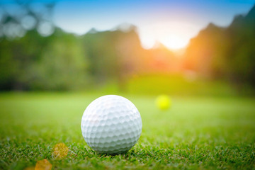 Golf ball on green in beautiful golf course at sunset background. Golf ball on green in golf course...