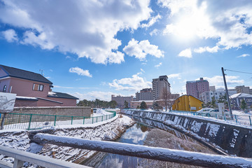 Fototapeta premium Beautiful cityscape scenic of Matsukura river in Hakodate city, Hokkaido, Japan.
