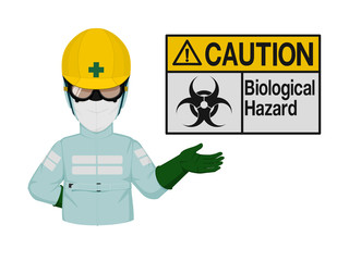 Industrial worker is presenting bio hazard sign