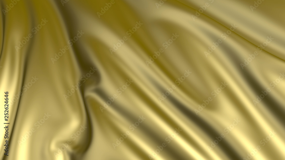 Poster 3d rendering of golden fabric. the fabric develops smoothly in the wind