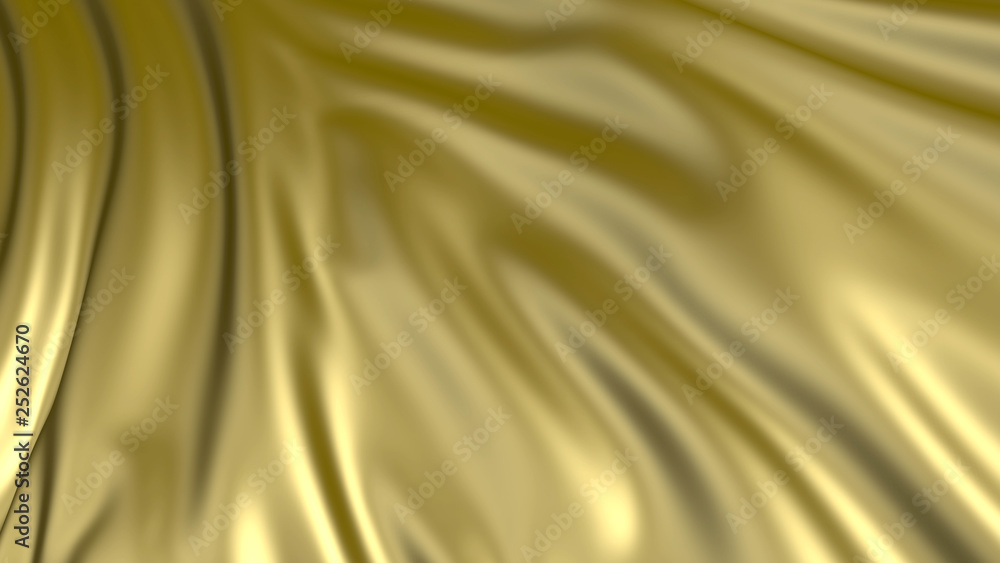 Poster 3d rendering of golden fabric. the fabric develops smoothly in the wind