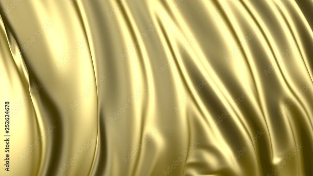 Poster 3d rendering of golden fabric. the fabric develops smoothly in the wind