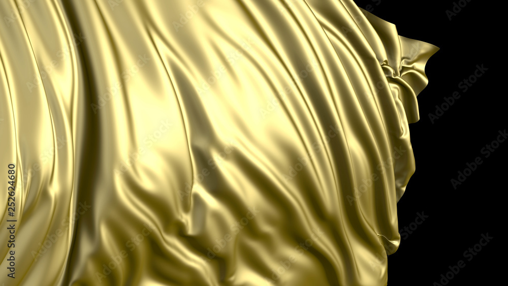 Poster 3d rendering of golden fabric. the fabric develops smoothly in the wind
