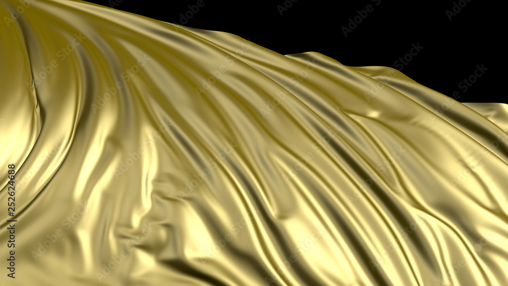 Poster 3d rendering of golden fabric. the fabric develops smoothly in the wind