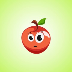 Frightened cartoon red apple symbol. Cute icon of the apple isolated on green background