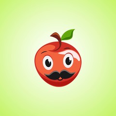 Red apple cartoon character with a mustache. Cute laughing apple icon isolated on green background
