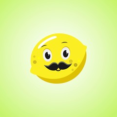 Lemon cartoon character with a mustache. Cute laughing lemon icon isolated on green background