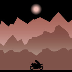 The motorcyclist rides a motorcycle at night in the mountains. Red landscape silhouette sunrise sunset vector flat