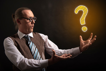 Funny nerd or geek showing quastion icon