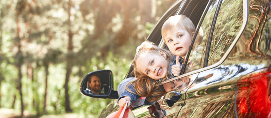Two kids looking out the window while their father driving a car. Family road trip
