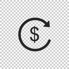 Refund money icon isolated on transparent background. Financial services, cash back concept, money refund, return on investment, savings account, currency exchange. Flat design. Vector Illustration