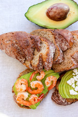 Healthy sandwiches with avocado and shrimp