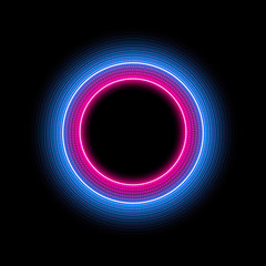 Neon circle with light effect on black background. Modern round frame with empty space for text for advertising, banner, card. Vector illustration.