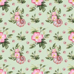 Roses and shells. Watercolor flower seamless pattern.