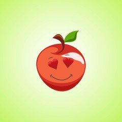 Amorous cartoon red apple symbol. Cute smiling apple icon isolated on green background