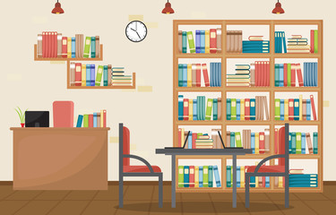 Naklejka premium Public Library Interior Stack of Book on Bookshelf Flat Design
