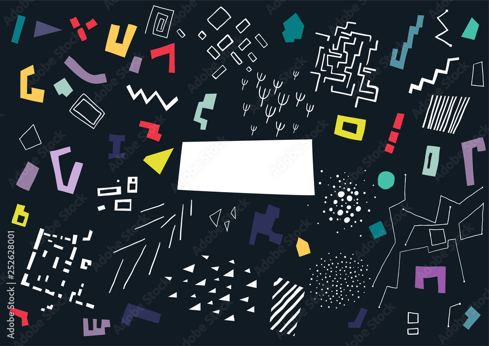 Poster vector pattern made of colorful shapes and white structures on black background