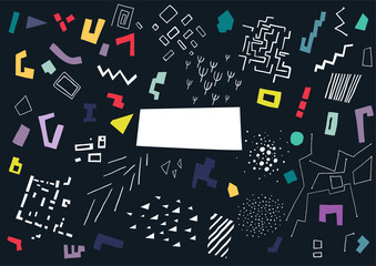 Vector pattern made of colorful shapes and white structures on black background