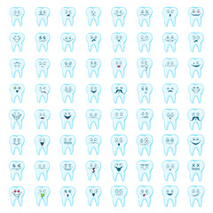 Happy teeth big set. Cute tooth characters. Dental personage vector illustration. Children dentistry.