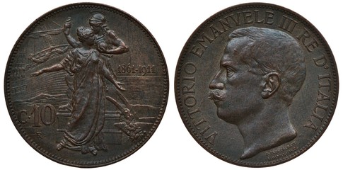 Italy Italian coin 10 ten centesimi 1911, subject 50th Anniversary of the Kingdom, two allegorical...