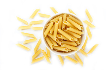 dry pasta penne Italian food in a bowl on white background.