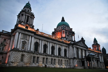 Fototapeta na wymiar City hall in Belfast during a dusk with overcast sky. Northern Ireland.