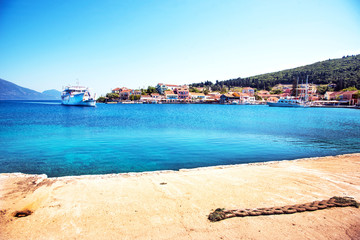 Beautiful scenic landscape with bay and ferry in Nydri, Lefkada, Greece. Stunning amazing charming places. prominent tourist towns.