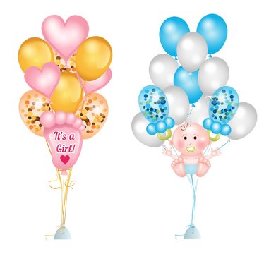 Set of cute balloons for baby shower. Baby footprints, baby boy, baby pacifier, heart balloons and balloons with confetti. Vector greeting balloons set isolated on white background
