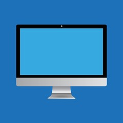 Realistic computer monitor isolated on blue background. Vector mockup