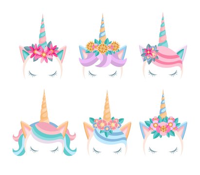 Set of unicorn faces with flowers and lashes. Unicorn tiaras in flat style. Cute unicorn heads isolated on white background. Vector illustration