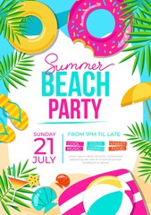 Summer beach party poster. Summer party colorful invitation. Vector summer background