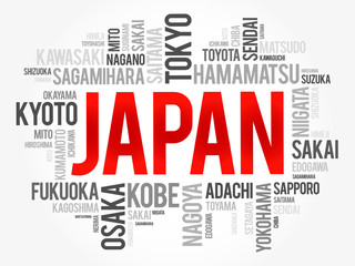 List of cities in Japan, word cloud collage, travel concept background
