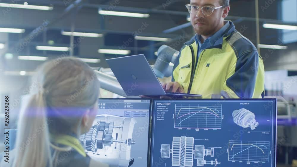Poster At the Factory Male and Female Mechanical Engineers Working on New Engine Concept Using CAD Software for 3D Modeling. 