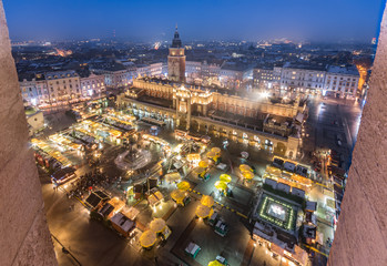 Obraz premium Krakow Poland main square with cloth hall and Christmas fairs aerial view