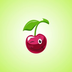 Simple winking character cartoon cherry. Cute smiling cherry icon isolated on green background