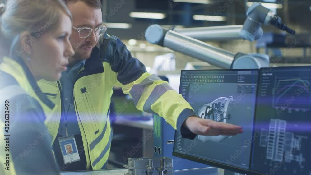 Poster At the Factory: Male Mechanical Engineer and Female Chief Engineer Discuss Operational 3D CAD Designed Engine Prototype Shown on Screen. In Background Futuristic factory with Automated Robotic Hands