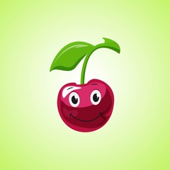 Simple Smiling Cherry Cartoon Character. Cute smiling cherry icon Isolated On Green Background.