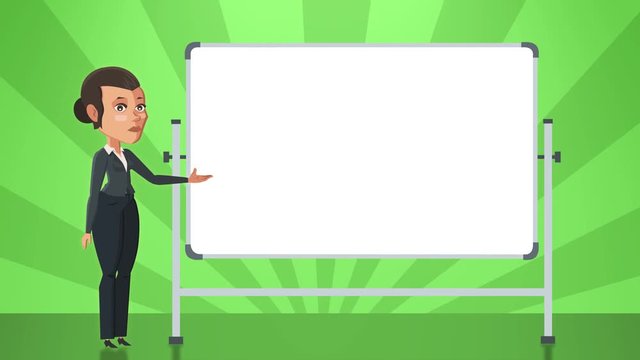 Cartoon Situation Emma Business Woman. Girl Character Says Standing Near White Board Animation Alpha Channel